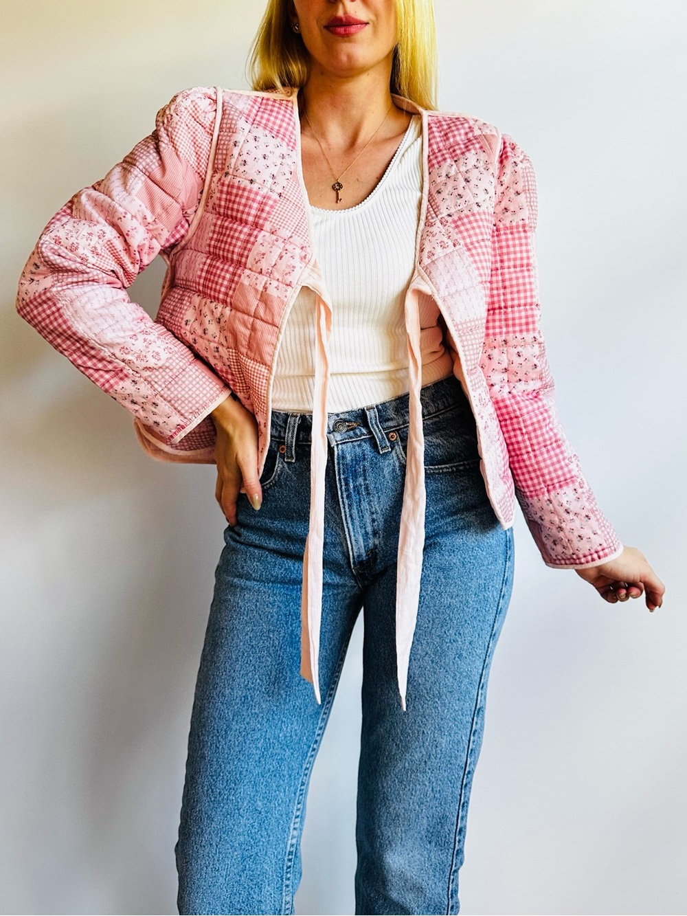 Stoosh Reversible Quilted Patchwork Jacket Pink Floral Gingham Cottagecore Tie